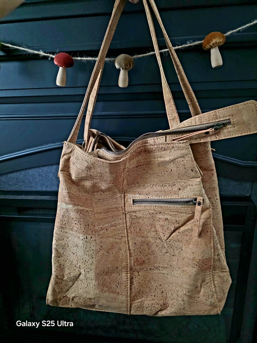 Natural Cork-Textured Tan Tote Bag with Front Zip Pocket
